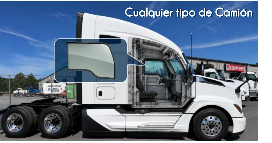 Corte de cabina de tractocamión mostrando el vidrio blindado